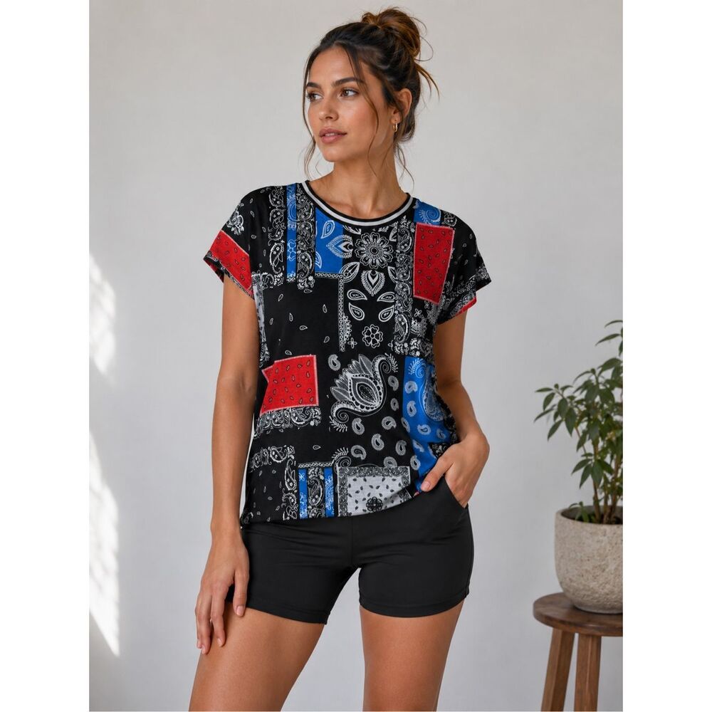 Fresh Brand Women’s XL Paisley Patchwork Print T-Shirt Black Red Blue